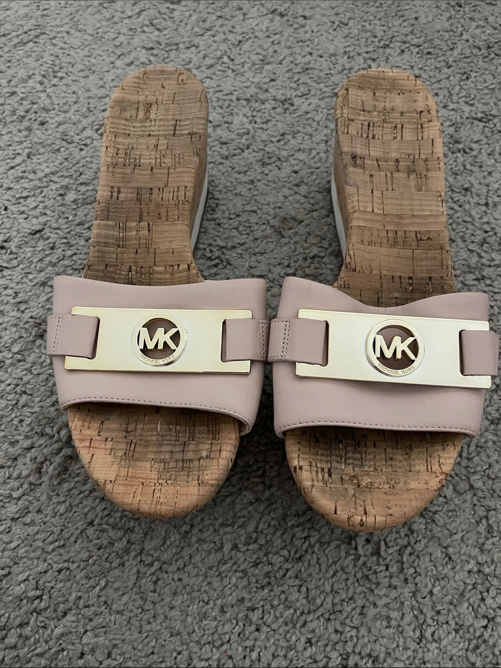 Michael Kors Blush Pink Leather MK Logo Cork Slide Sandals